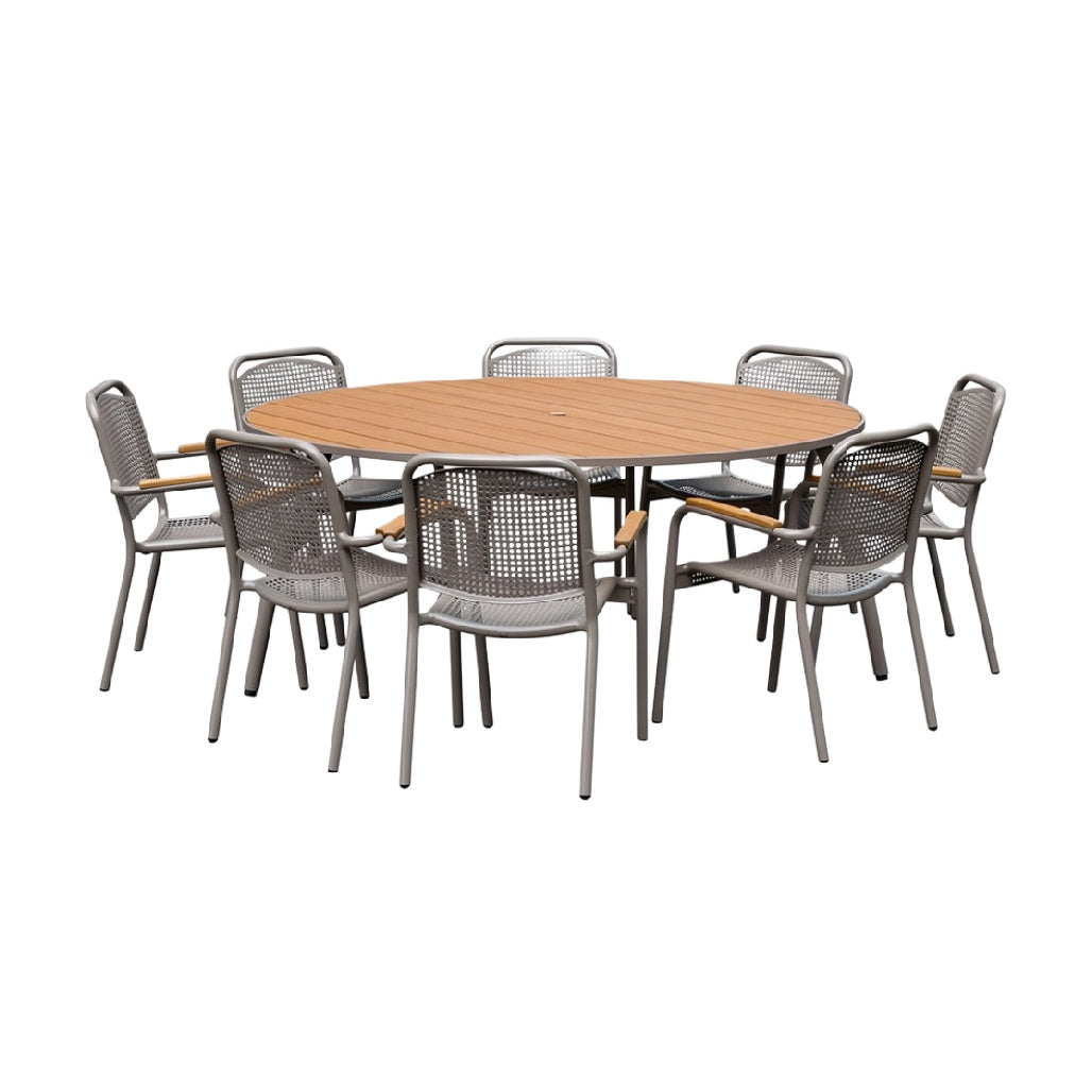 Round Dining Table with Perforated Metal Chairs
