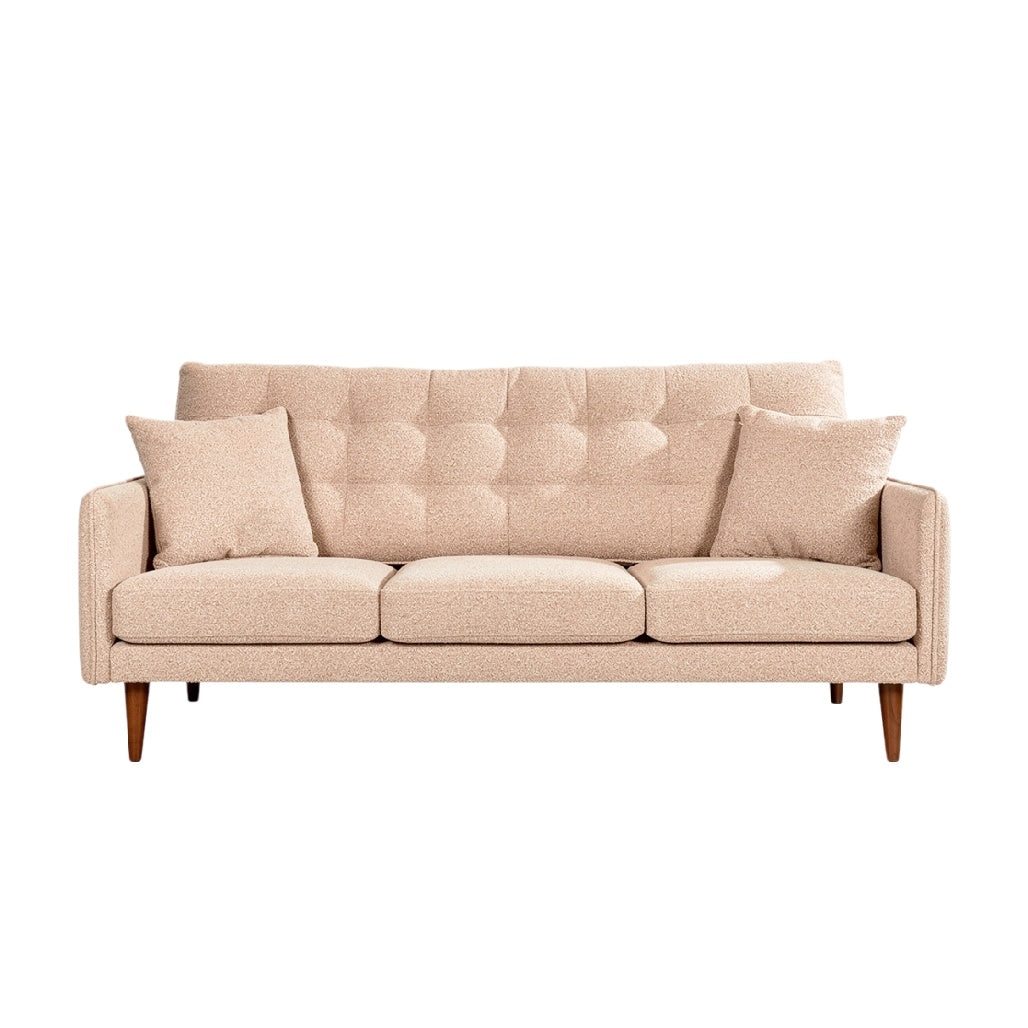 Modern Cream Upholstered Sofa with Cushions and Wooden Legs