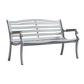 "Modern Gray Park Bench with Wooden Armrests"