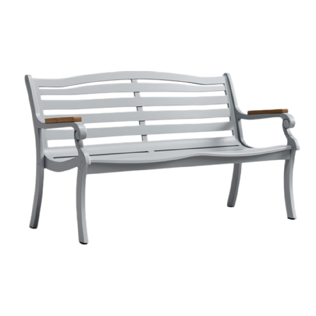 "Modern Gray Park Bench with Wooden Armrests"