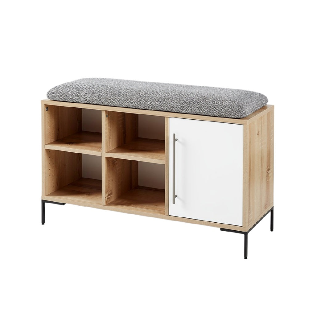 "Modern Wooden Storage Bench with Cushion and Open Shelving"