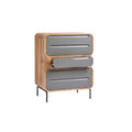 "Modern Wooden Nightstand with Grey Drawers"
